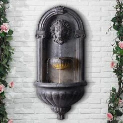 Royal Lion 35" High Zinc Outdoor Wall Fountain With Light