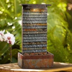 Stave Slate Stone 19" High Rustic Modern Fountain With LED Light