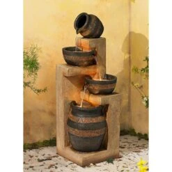 Stoneware Bowl And Jar 46" Indoor-Outdoor Rustic Fountain With Light